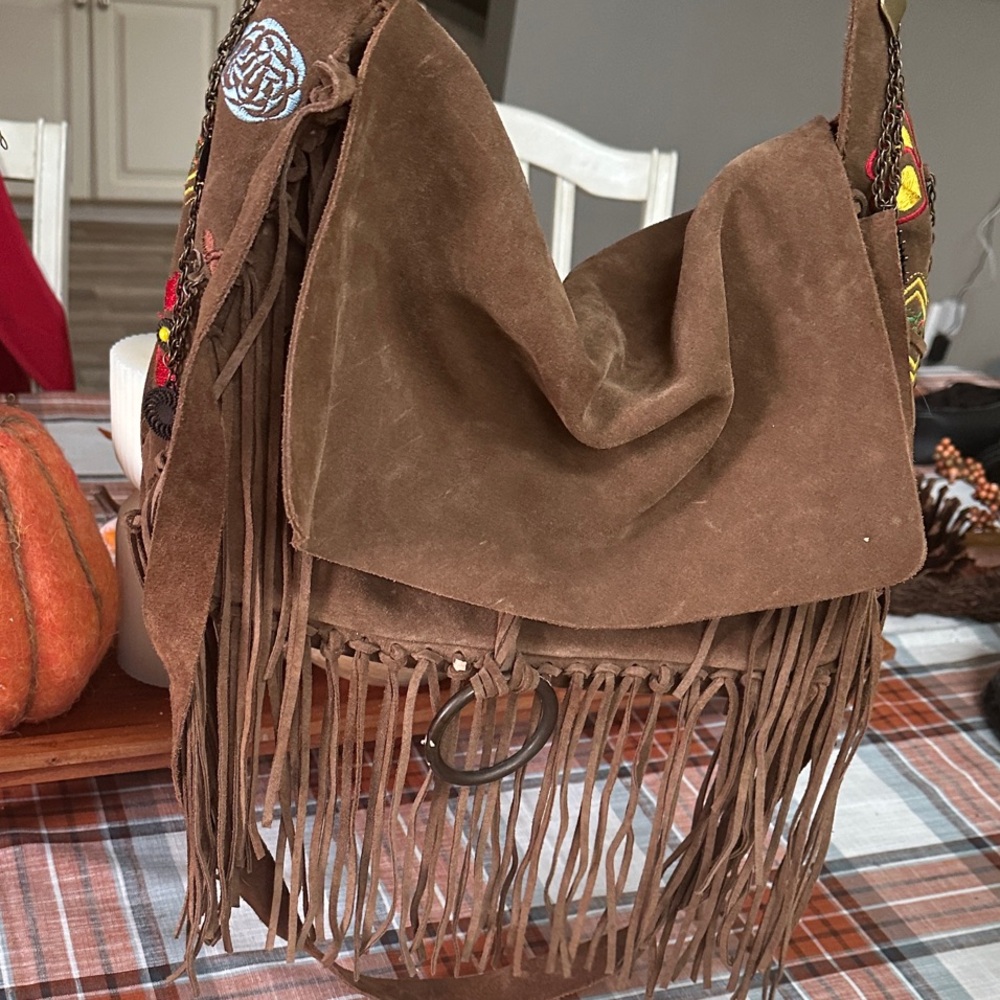 Francesco Biasia Brown Suede Fringe Shoulder Bag